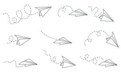 Paper airplane plane fly aeroplane isolated set. Vector graphic design illustration
