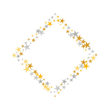 Decorative silver and gold stars falling scatter texture. Little starburst spangles Christmas decoration confetti. Cartoon stars falling design. Spangle particles explosion.
