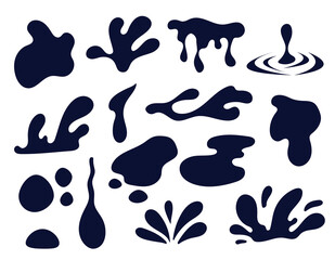 Black water drop splash shadow isolated set. Vector graphic design illustration
