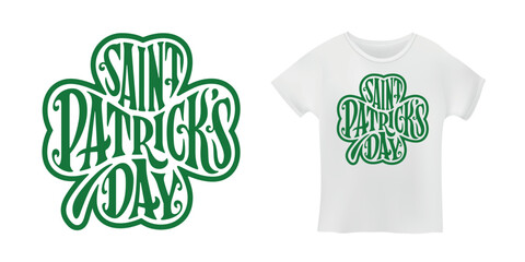 St. Patrick's day modern lettering. Happy St Patricks day greeting card typography on clover leaf. Vector vintage illustration. - obrazy, fototapety, plakaty