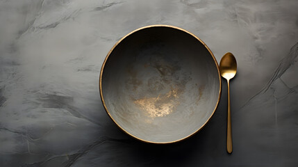 Grey bowl on table, dark grey and gold colors