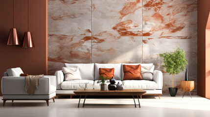White sofa against terra cotta marble stone paneling wall with text space , Generative Ai