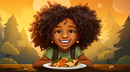 Cute little Girl eats delicious juicy pizza on a sunny day illustration. - obrazy, fototapety, plakaty