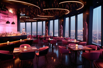 Soft pink restaurant space soft pink floor, perforated black wall and ceiling with lighting behind, view over city , Generative Ai