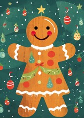 Whimsical Children's Christmas card featuring a delightful close-up illustration of a smiling Gingerbread Man