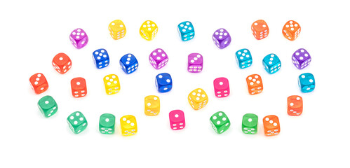 transparent colored dices on white surface
