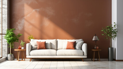 White sofa against terra cotta marble stone paneling wall with text space , Generative Ai