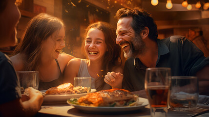 a joyous family at a restaurant, immersed in the delight of a shared meal, radiating love. Loving family concept.