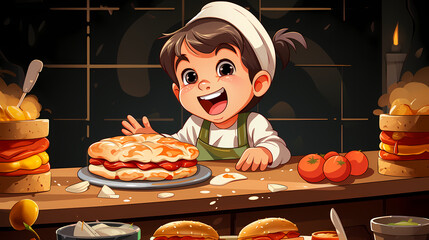 Little girl eating delicious sandwich burger cartoon illustration