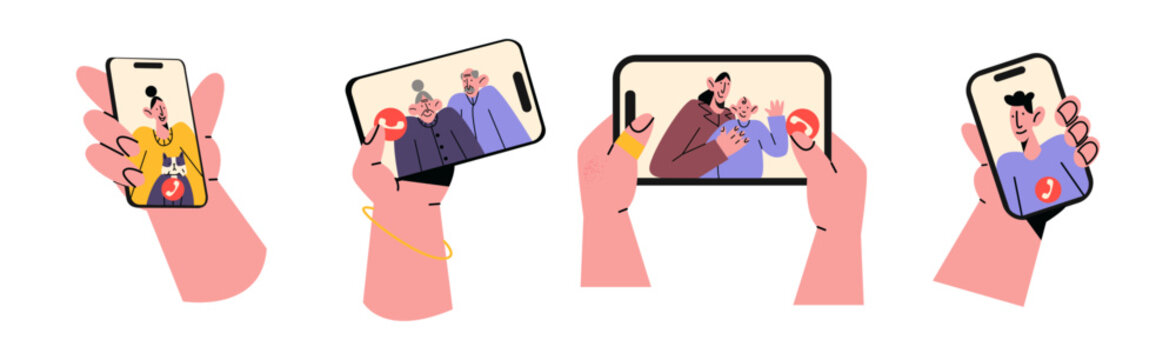 Hands hold smartphone, communication in the video,video call,Cartoon illustration of communication with loved ones, friends, video conference, characters in the screen. Modern technologies