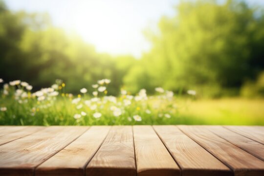 Bright image of empty wooden tabletop with blurred summer background