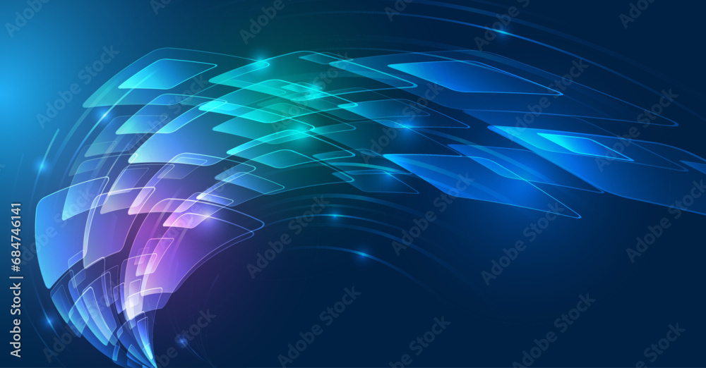 Poster Technological background of wireless transmission of large volume of data. Abstract neon color dynamic lines. Blue light bands, data transmission using 5g or 6g technology. High-speed Internet line.
