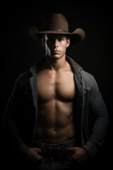 Handsome young muscular cowboy - open shirt - sexy man - serious expression - mysterious - obrazy, fototapety, plakaty