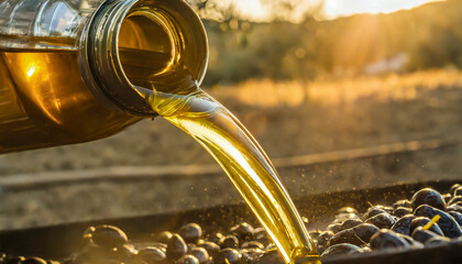 Olive oil pouring out of the bottle