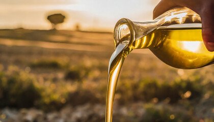 Olive oil pouring out of the bottle - obrazy, fototapety, plakaty