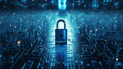cyber security concept of having your data and internet protected with a lock over your personal information, business, internet, technology, marketing, finance, information, communication