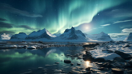 Beautiful landscape with the northern lights, or the aurora borealis, dancing waves of light over a snowy mountains