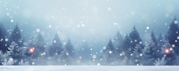 Fototapeta na wymiar Winter snowy forest, christmas blurred panorama. Generative Ai.