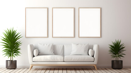 Fototapeta na wymiar Living room interior mockup in scandinavian style with blank wall posters