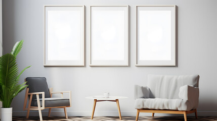 Living room interior mockup in scandinavian style with blank wall posters