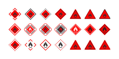 Flammable materials warning sign set. Sign danger flammable liquids or materials. Flammable substances icons set. Vector scalable graphics - obrazy, fototapety, plakaty