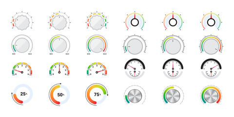 Risk meter icons set. Efficiency meter. Performance measurement. Customer satisfaction. Vector scalable graphics