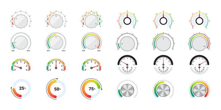 Risk meter icons set. Efficiency meter. Performance measurement. Customer satisfaction. Vector scalable graphics