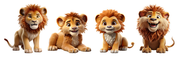 collection of 3d illustrations of cute lion cartoon characters, isolated on transparent background, generative ai