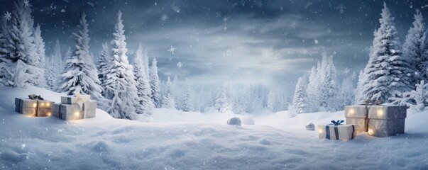 Winter snowy forest with christmas presents, panorama. Generative Ai.