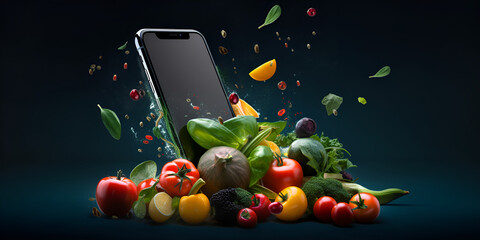  fresh vegetable on mobile phone screen, Fresh vegetables food delivery from mobile phone on isolated background,banner background, generative AI