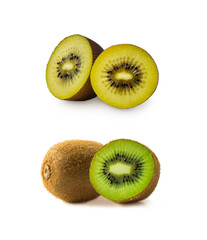 Golden kiwi and green kiwi fruit. Kiwi slices isolated on white background. Tropical fruits on white background. Kiwi with space for text.