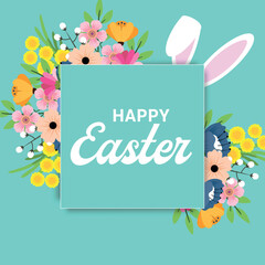 Happy Easter. Spring vector greetings design. Easter text with colorful flower elements in green background for spring season. For template, banners, wallpaper, flyers, invitation, posters, brochure 