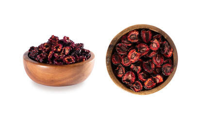 Two bowls of dried cherry. Dried red cherries on white isolated background with copy space. Dried fruit in a bowl. Background of cherries. Cherry fruit.