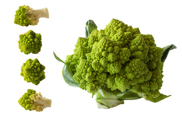 Set of Roman cauliflower. Roman cauliflower on wooden bowl isolated on white. Roman cauliflower close up. Fractal texture of romanesco broccoli. Roman cauliflower with copy space for text.
