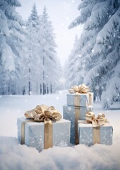 Fototapeta na wymiar Winter snowy forest with christmas presents. Generative Ai.