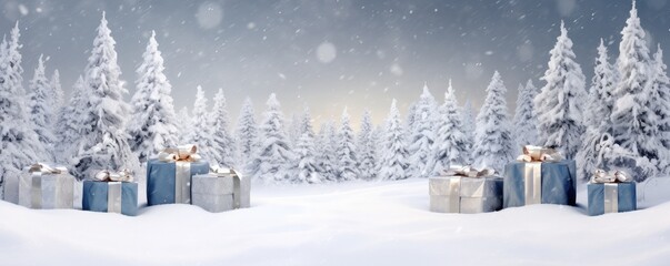 Fototapeta na wymiar Winter snowy forest with christmas presents, panorama. Generative Ai.