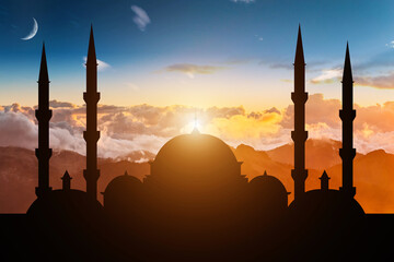 Mosques Dome on dark blue twilight sky and Crescent on background, symbol islamic religion Ramadan...