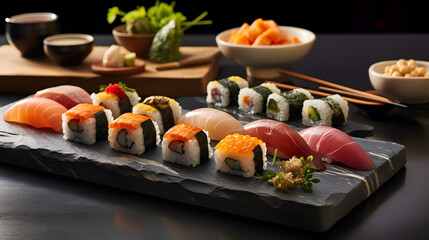 Various Types of Sushi on a Stone Plate