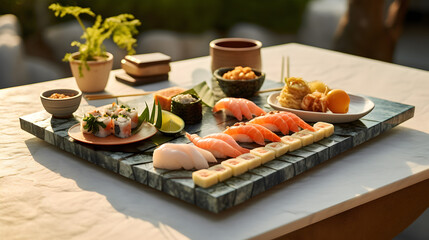Diverse Sushi Delights on a Stone Plate