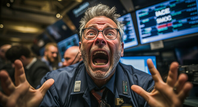 Man on the stock exchange is scared because his stocks are crashing