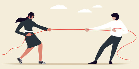 Competition concept. Business people. Businesswomen in pull the rope, symbol of rivalry, competition, conflict. Tug of war. Vector illustration, flat design. Corporate conflicts. - obrazy, fototapety, plakaty