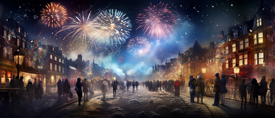 People watching New Year's Eve Fireworks in the city center. Firework explosion in the night sky celebrating New Year. - obrazy, fototapety, plakaty