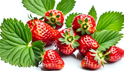 Strawberry fruit with green leaves in a set composition of food photography