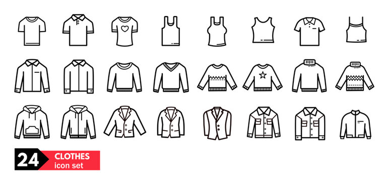 Clothes - vector icon set, shirt, undershirt, blazer, shirt, polo, jacket, sweater, turtleneck sweater
