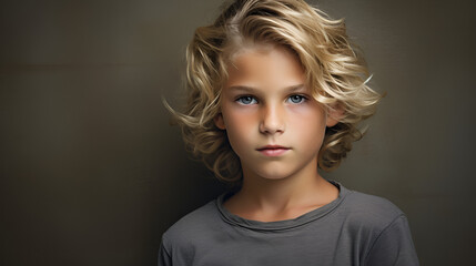 portrait of an caucasian boy with blond wavy hair