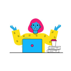 Young lady studying online at home. Flat vector illustration.