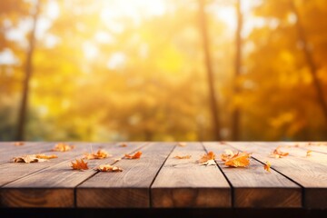 Naklejka na ściany i meble Bright image of empty wooden tabletop with blurred autumn background