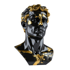 Bust, black plaster statue head painted with gold paint isolated on transparent and white background. PNG transparent