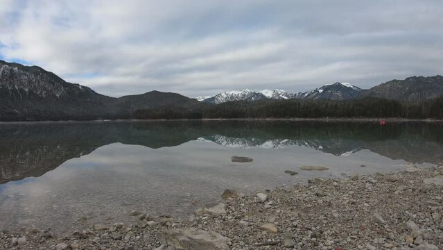 TIMELAPSE - Landscape of Eibsee Lake in front of Zugspitze summit, Garmisch-Partenkirchen, Bavarian alps, Germany, Europe.
