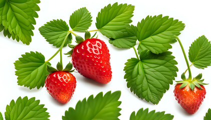 Strawberry fruit with green leaves in a set composition of food photography